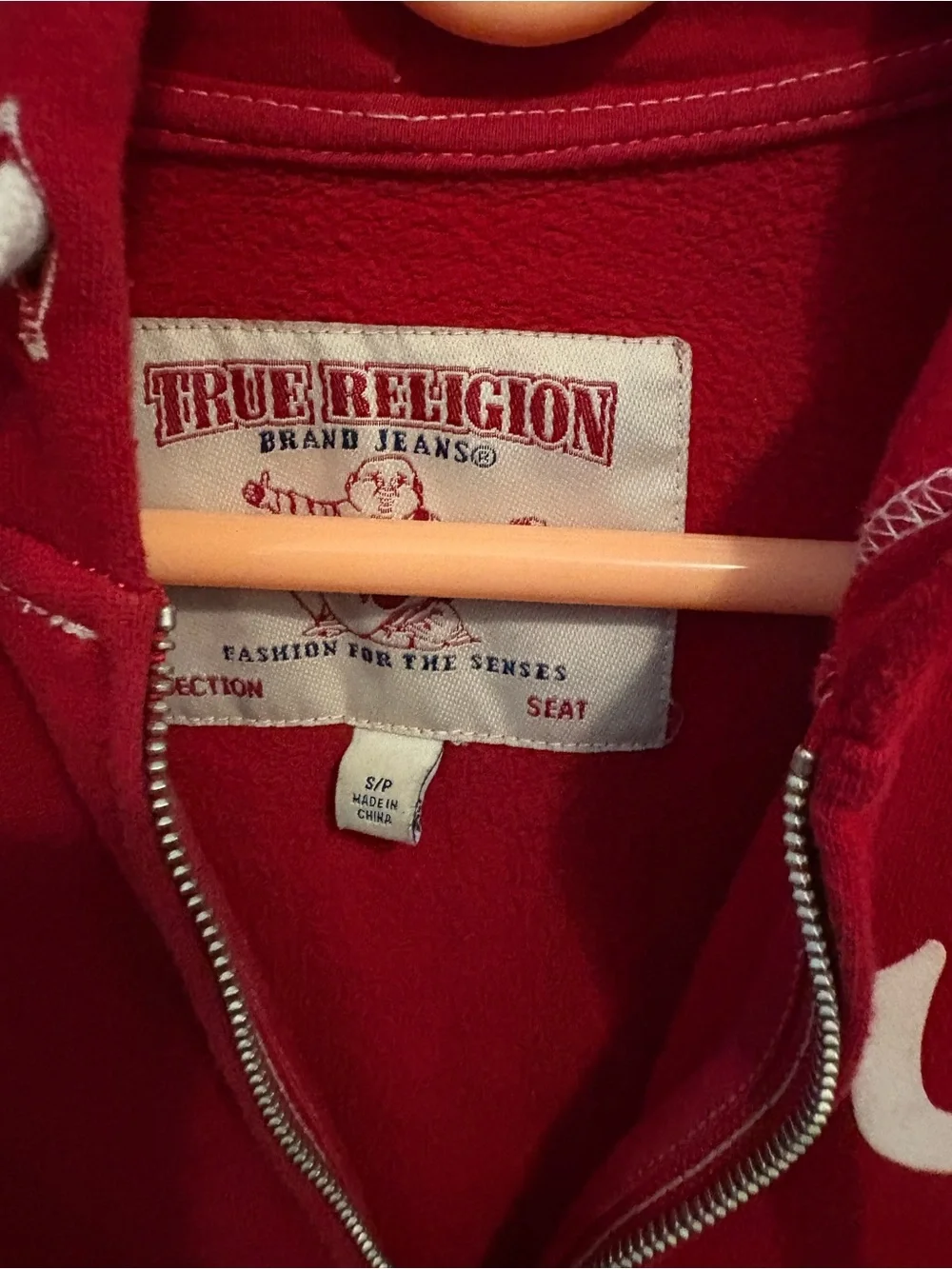 True Religion Red Zip Hoodie with White Drawstrings